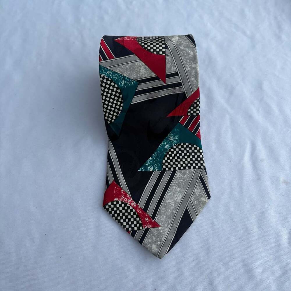 BRINELL Vintage 80s Geometric Abstract Silk Necktie Black Red Teal